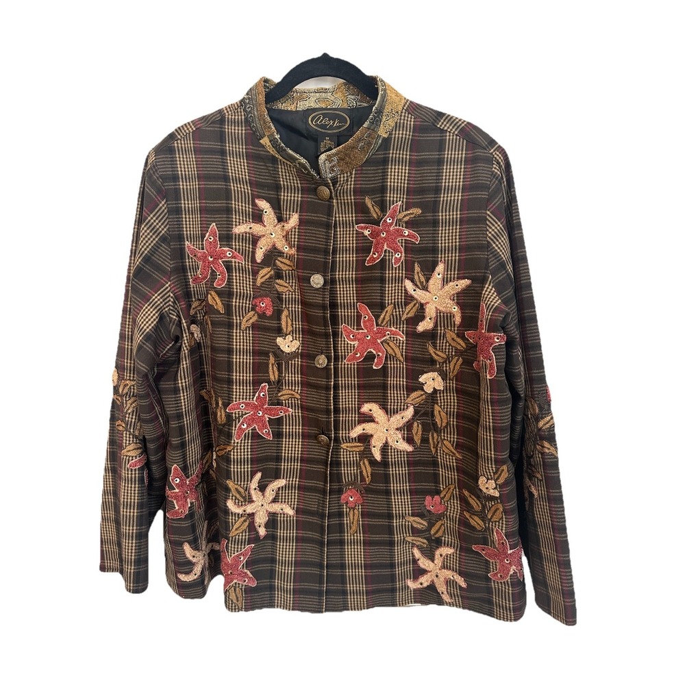 VTG Alex Kim Jacket Size 1X Brown Embroidery Fall 90s  Novelty Art to Wear